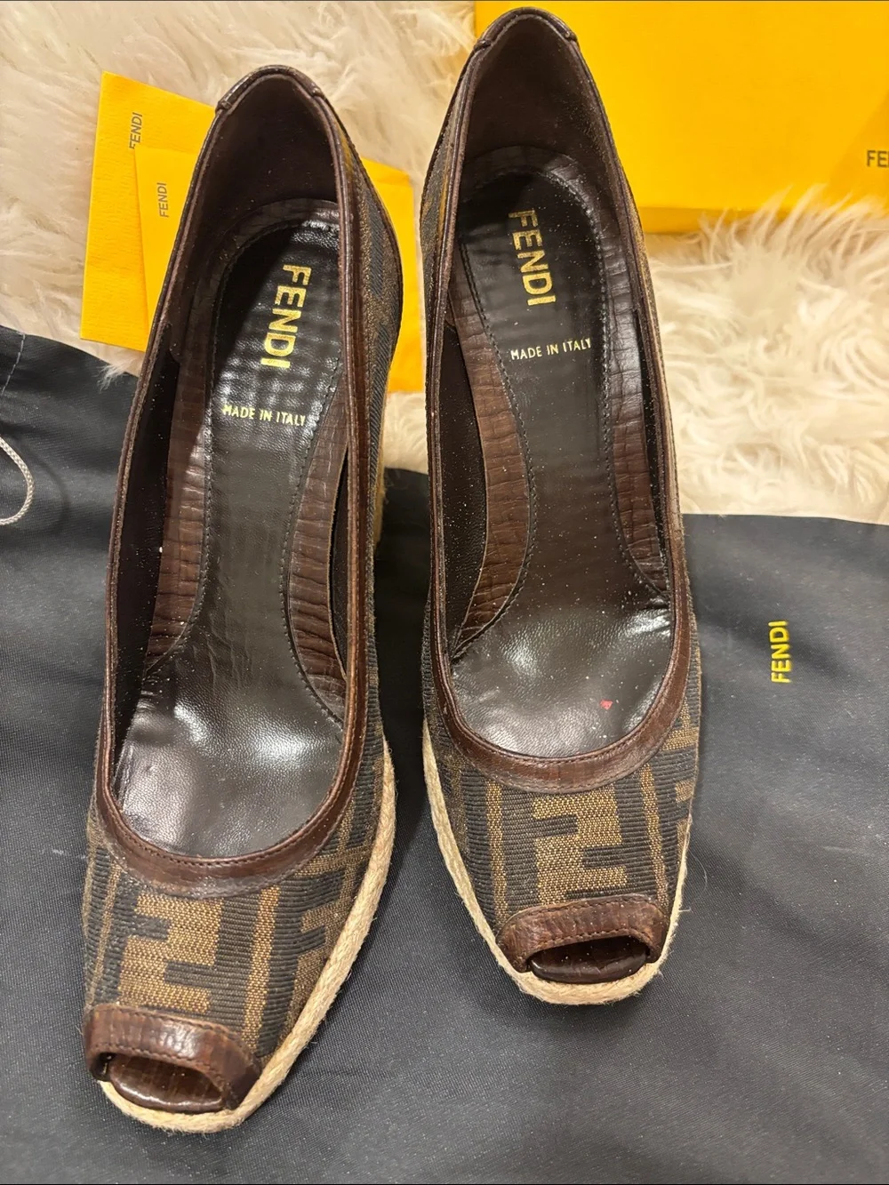 Fendi Dark Brown FF Monogram Espadrille Wedge Peep-Toe